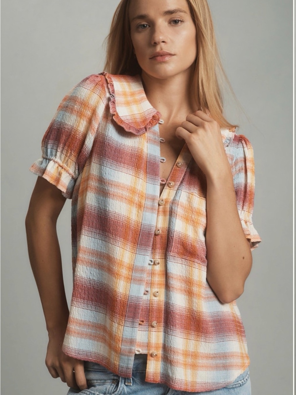 Pilcro Multicolor Plaid Ruffled Collar Button-Down Top